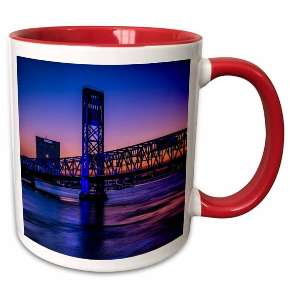3drose, Usa, Jacksonville, Florida. View of the Blue Bridge at Twilight., 11oz Two-tone Red Mug