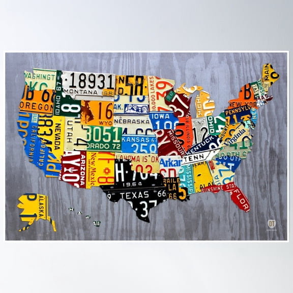 Usa License Plate Map Muscle Car Era Poster Wall Art UNFRAMED PAPER POSTER, Home Decor