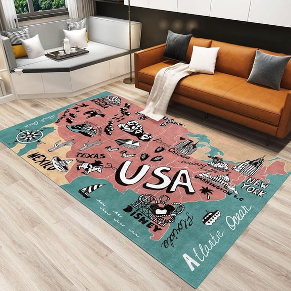Usa Map Places Interest Cartoon Indoor Non Slip Rugs Washable Print Carpet Anti Easy Clean Living Room Bedroom Kitchen Dining Home Office Floor Rug 5x7 Area Rug Non-slip Soft Home