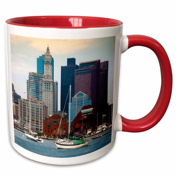3drose, Usa, Massachusetts. Boston Waterfront Skyline with Sailboats., 11oz Two-tone Red Mug