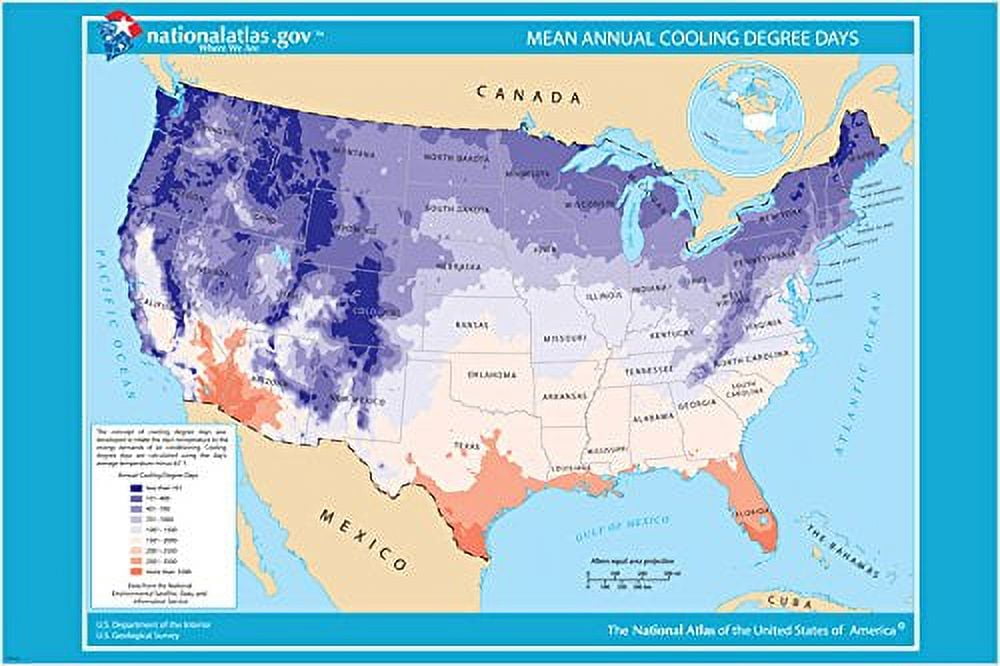 Usa Mean Annual Cooling Degree Days Map Poster 20x30 Scientific