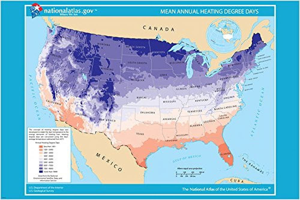 Usa Mean Annual Heating Degree Days Map Poster 20x30 Colorful