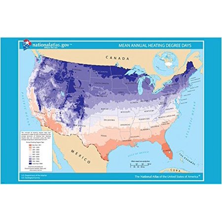 Usa Mean Annual Heating Degree Days Map Poster 20x30 Colorful Meteorologic