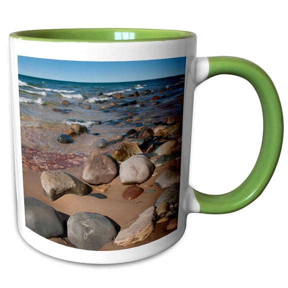 3drose, Usa, Michigan. Rounded Boulders on 12 Mile Beach., 11oz Two-tone Green Mug