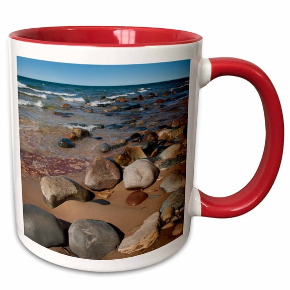 3drose, Usa, Michigan. Rounded Boulders on 12 Mile Beach., 11oz Two-tone Red Mug