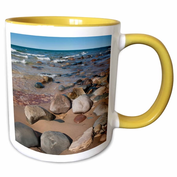 3drose, Usa, Michigan. Rounded Boulders on 12 Mile Beach., 11oz Two-tone Yellow Mug