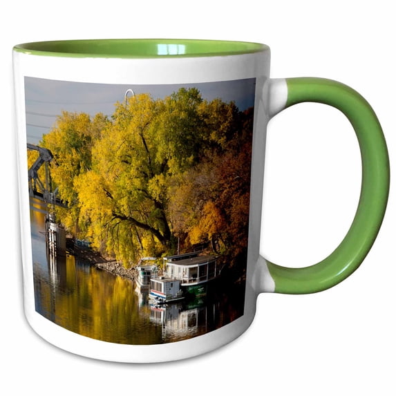 3drose, Usa, Minnesota, Minneapolis, Mississippi River Houseboats, Autumn, 11oz Two-tone Green Mug