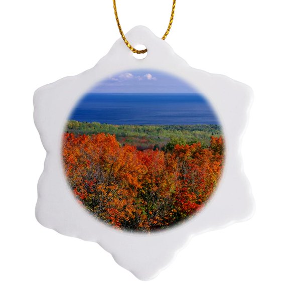 3drose, Usa, Minnesota, Superior National Forest, Autumn over Lake Superior, 3 inch Snowflake Porcelain Ornament