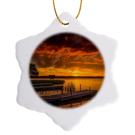 3drose, Usa, Minnesota, Walker, Orange Sunrise over Leech Lake., 3 inch Snowflake Porcelain Ornament