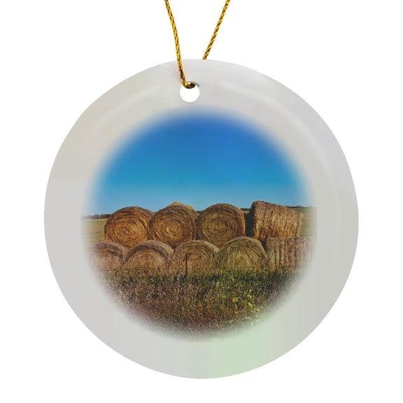 3drose, Usa, Nebraska, Crawford, Stacked Round Hay Bales, Circle Porcelain Ornament
