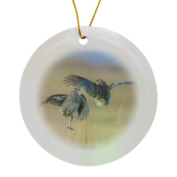 3drose, Usa, Nebraska, Sand Hills. Male Sharp-tailed Grouse Fighting., Circle Porcelain Ornament