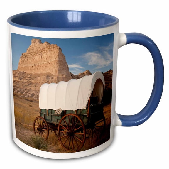 3drose, Usa, Nebraska, Scottsbluff, Scotts Bluff Nm and Pioneer Wagon Train, 11oz Two-tone Blue Mug
