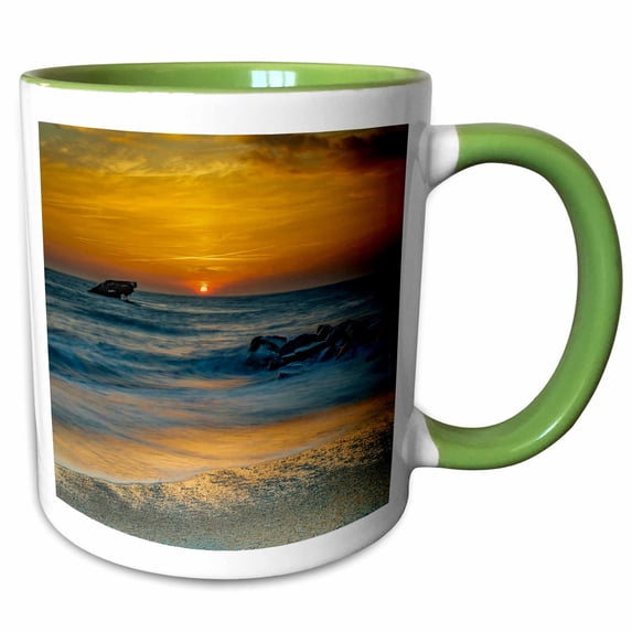 3drose, Usa, New Jersey, Cape May Nat. Seashore. Sunrise on Ocean Shore., 11oz Two-tone Green Mug