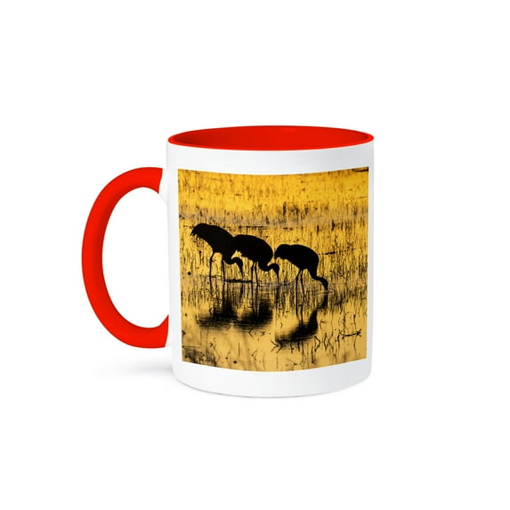 Usa, New Mexico, Bosque Del Apache. Sandhill Cranes Backlit At Sunset., 11oz Two-Tone Red Mug