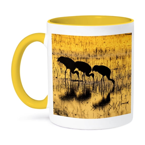 Usa, New Mexico, Bosque Del Apache. Sandhill Cranes Backlit At Sunset., 11oz Two-Tone Yellow Mug