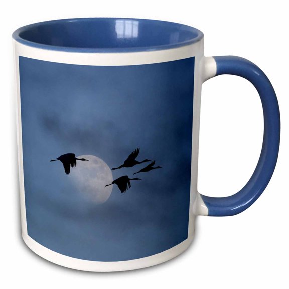 3drose, Usa, New Mexico. Sandhill Cranes in Flight, Moon in Sky., 11oz Two-tone Blue Mug