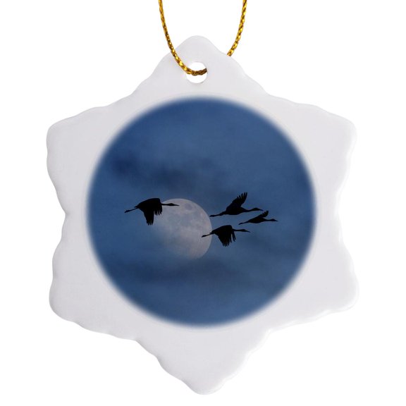 3drose, Usa, New Mexico. Sandhill Cranes in Flight, Moon in Sky., 3 inch Snowflake Porcelain Ornament