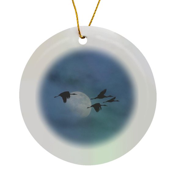 3drose, Usa, New Mexico. Sandhill Cranes in Flight, Moon in Sky., Circle Porcelain Ornament