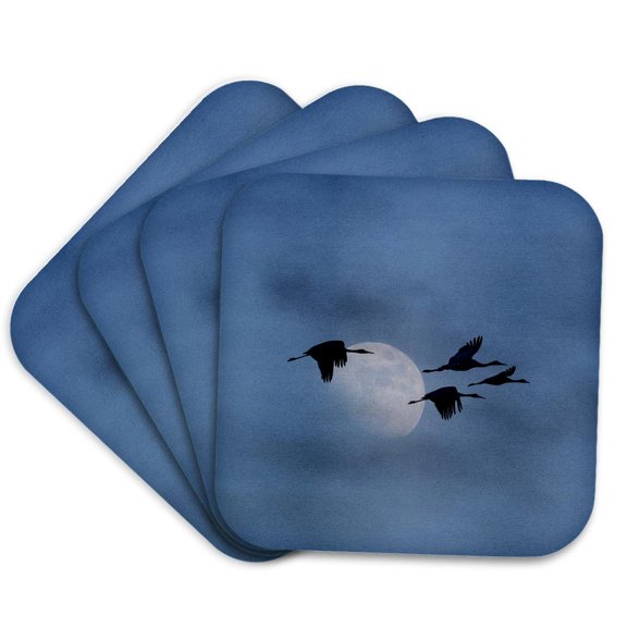 3drose, Usa, New Mexico. Sandhill Cranes in Flight, Moon in Sky., Set of 4 Coasters - Soft