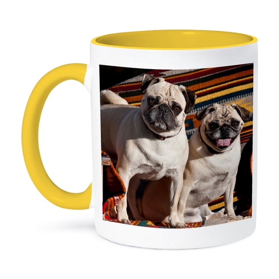 3dRose, USA, New Mexico. Two Pugs together on Southwestern blankets., 11oz Two-Tone Yellow Mug