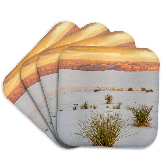 3drose, Usa, New Mexico, White Sands Monument. Clouds over Dunes and Cactus., Set of 4 Coasters - Soft