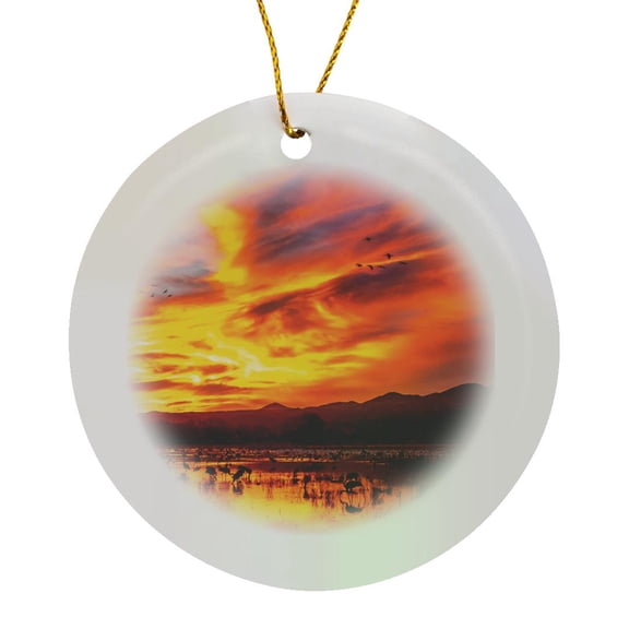 3drose, Usa, New Mexico,wildlife Refuge. Sandhill Cranes and Snow Geese, Circle Porcelain Ornament