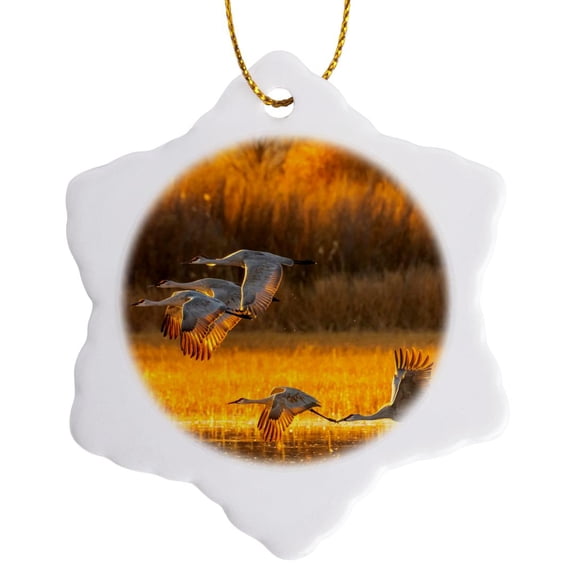 3drose, Usa, New Mexico,wildlife Refuge. Sandhill Cranes Flying at Sunrise., 3 inch Snowflake Porcelain Ornament
