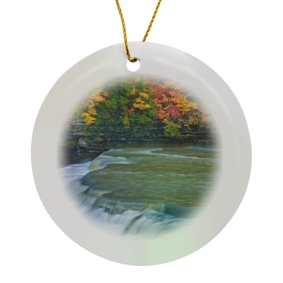 3drose, Usa, New York, Letchworth State Park. Waterfall and Forest Scenic, Circle Porcelain Ornament
