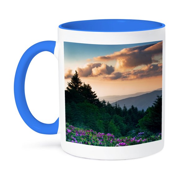 3dRose, USA, North Carolina. Catawba rhododendrons in mountains, 15oz Two-Tone Blue Mug