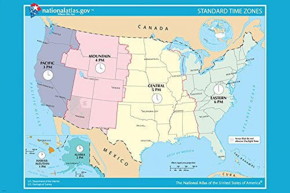Usa Oficial Standard Time Zone Map Educational User-Friendly 24