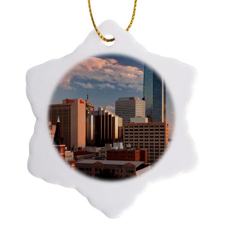 3drose, Usa, Oklahoma, Oklahoma City, Elevated City Skyline with Devon Tower., 3 inch Snowflake Porcelain Ornament