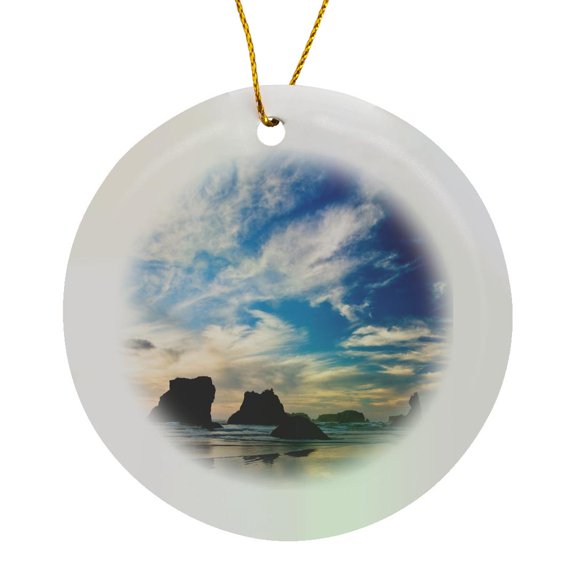 3drose, Usa, Oregon, Bandon Beach. Sea Stacks at Twilight., Circle Porcelain Ornament