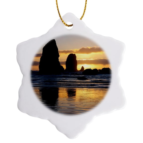 3drose, Usa, Oregon. Cannon Beach and Haystack Rock at Sunset 3., 3 inch Snowflake Porcelain Ornament