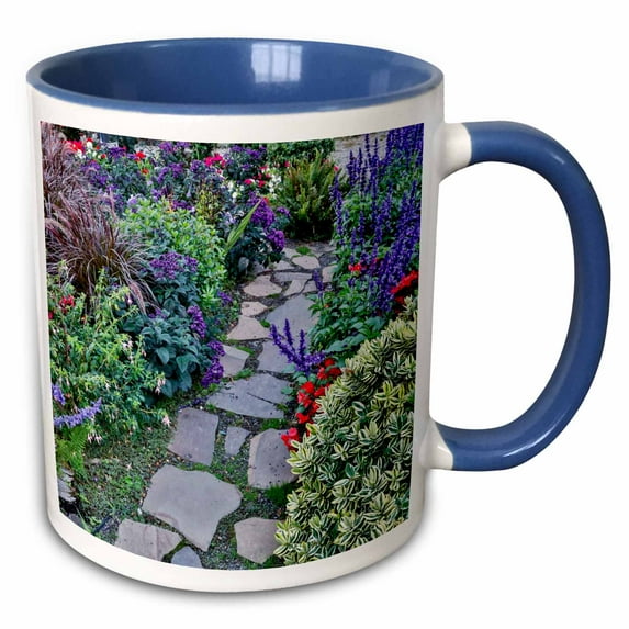 3drose, Usa, Oregon. Cannon Beach Garden Path. Blue Salvia. Red Geraniums 3., 15oz Two-tone Blue Mug