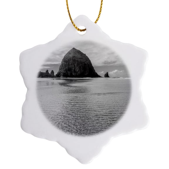 3drose, Usa, Oregon, Cannon Beach. Haystack Rock Reflecting in Sand, 3 inch Snowflake Porcelain Ornament