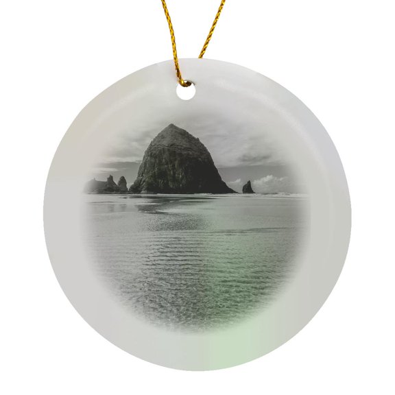 3drose, Usa, Oregon, Cannon Beach. Haystack Rock Reflecting in Sand, Circle Porcelain Ornament