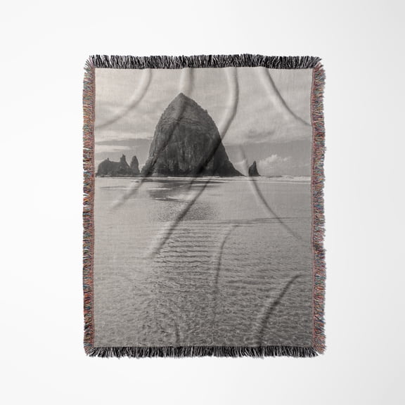 Usa, Oregon, Cannon Beach. Haystack Rock Reflecting In Sand, Woven Blanket