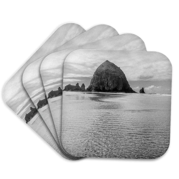 3drose, Usa, Oregon, Cannon Beach. Haystack Rock Reflecting in Sand, Set of 4 Coasters - Soft