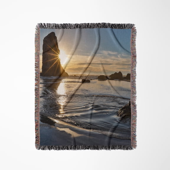 Usa, Oregon. Cannon Beach Low Tide. Ripples In Sand. Sea Stacks 1., Woven Blanket