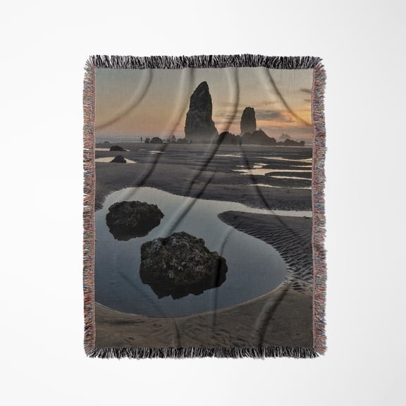 Usa, Oregon. Cannon Beach Low Tide. Ripples In Sand. Sea Stacks 4., Woven Blanket
