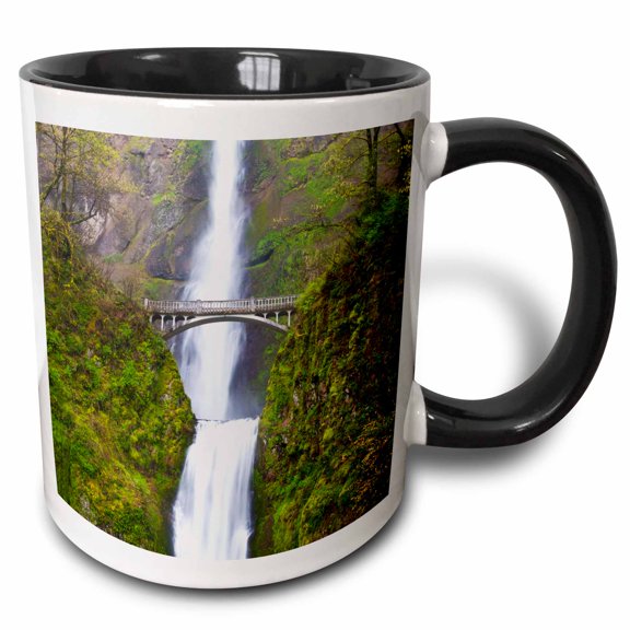 3drose, Usa, Oregon, Columbia Gorge, Multnomah Falls Cascades from High Above., 11oz Two-tone Black Mug