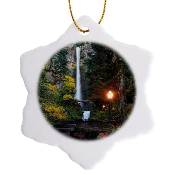 3drose, Usa, Oregon, Columbia River Gorge. View of Multnomah Falls., 3 inch Snowflake Porcelain Ornament