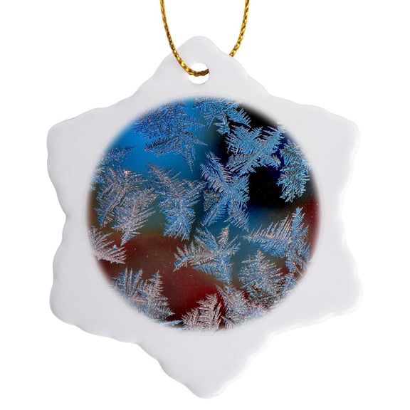 3drose, Usa, Oregon, Portland. Ice Crystals on Window Pane., 3 inch Snowflake Porcelain Ornament