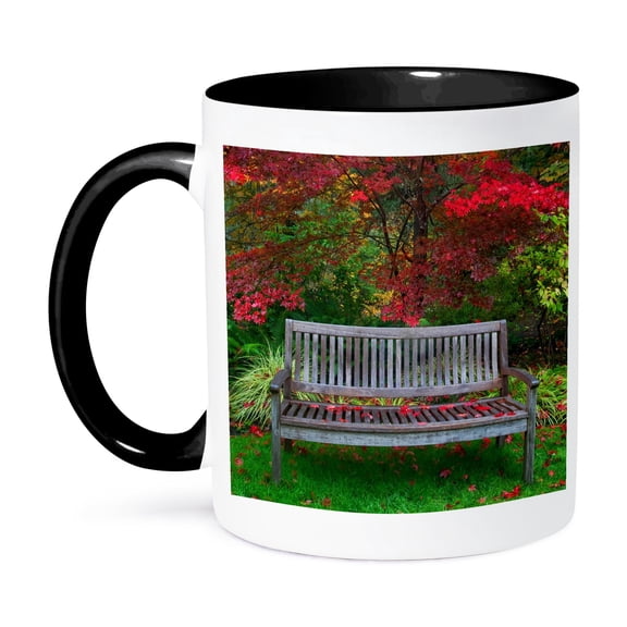 3dRose, USA, Oregon, Steamboat Inn. Garden bench and Japanese maple tree., 15oz Two-Tone Black Mug