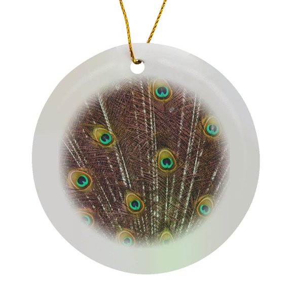3drose, Usa, Oregon, Tillamook. Peacock Displaying Tail Feathers., Circle Porcelain Ornament