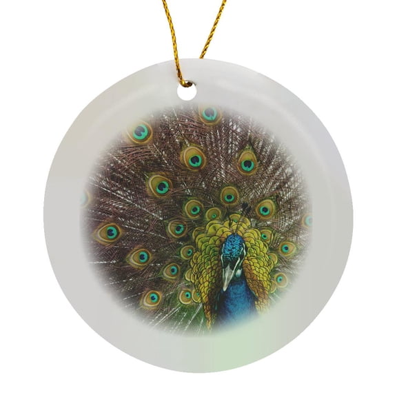 3drose, Usa, Oregon, Tillamook. Peacock Displaying Tail Feathers, Circle Porcelain Ornament