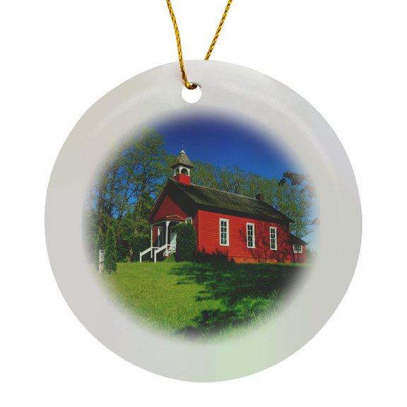3drose, Usa, Oregon, Viola. Traditional One-room Schoolhouse., Circle Porcelain Ornament