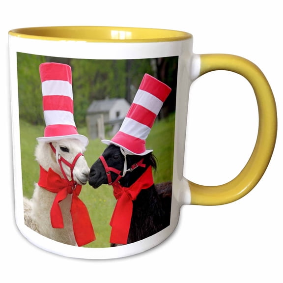 3drose, Usa, Pennsylvania, Erie. Two Llamas Dressed Humorously., 11oz Two-tone Yellow Mug