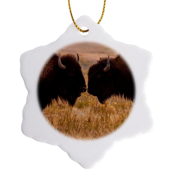 3drose, Usa, South Dakota, Custer State Park. Two Bison Face-to-face., 3 inch Snowflake Porcelain Ornament