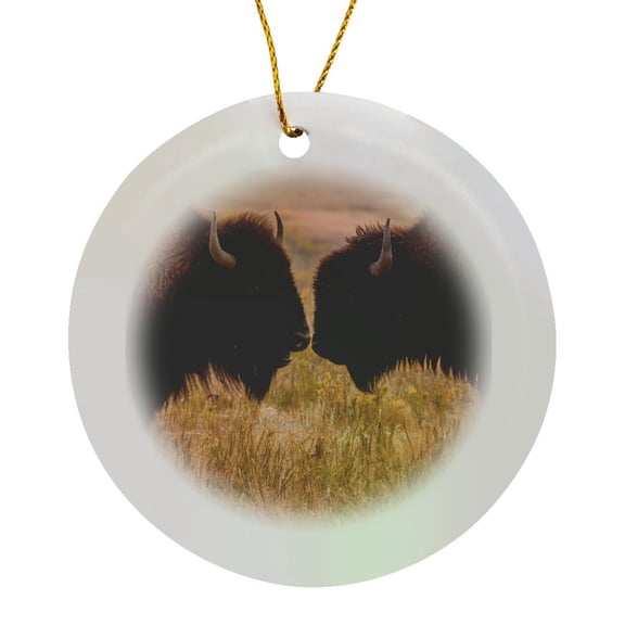 3drose, Usa, South Dakota, Custer State Park. Two Bison Face-to-face., Circle Porcelain Ornament
